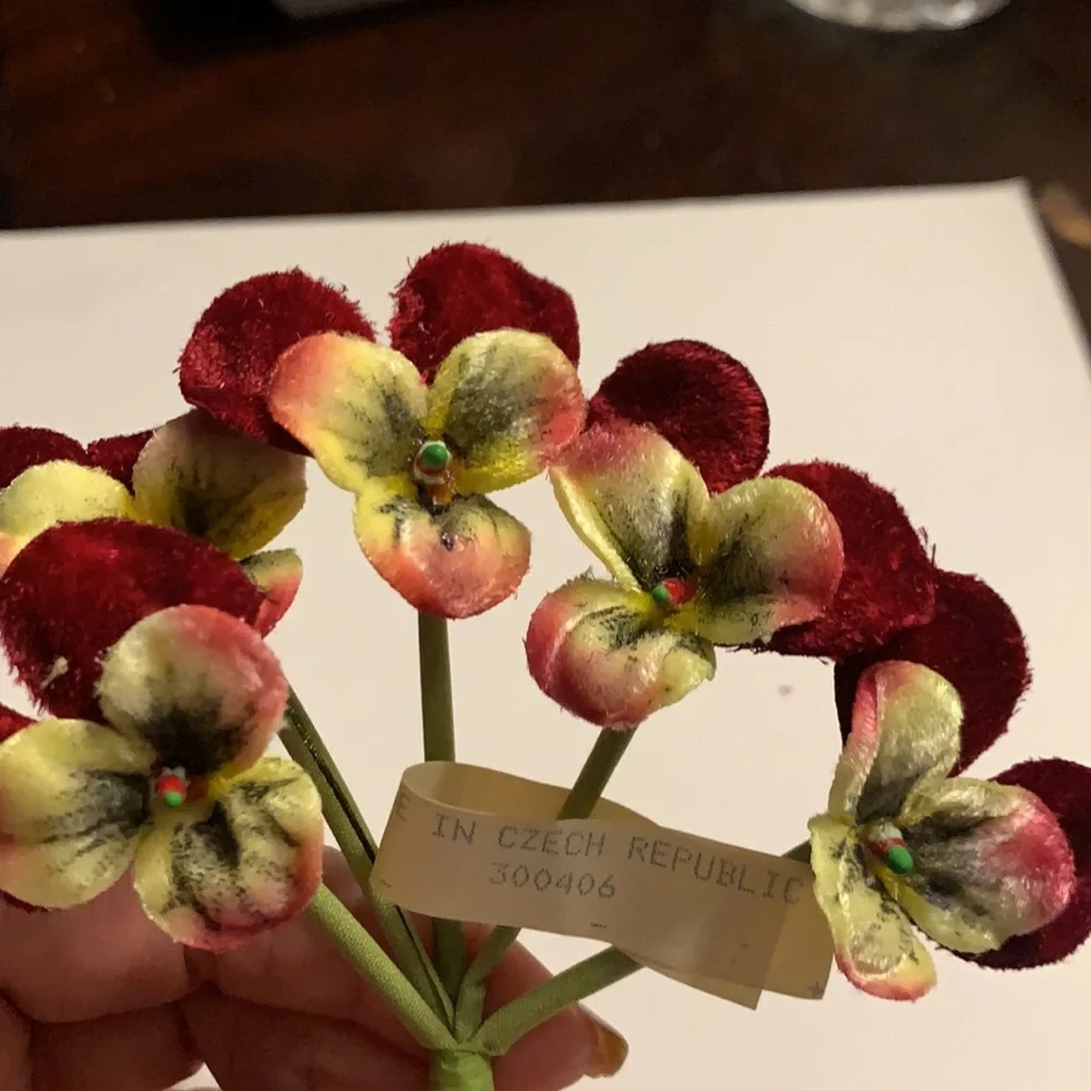 Vintage Velvet Flowers from Czech Republic Red Pansy Bouquet